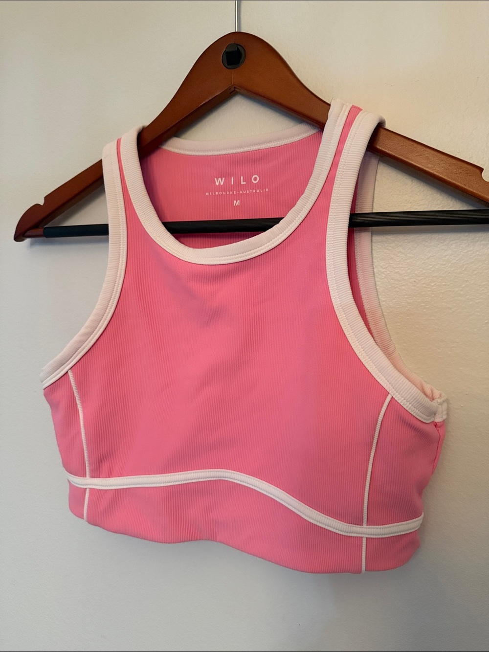 WILO Pink Ribbed Sports bra top with White Trim